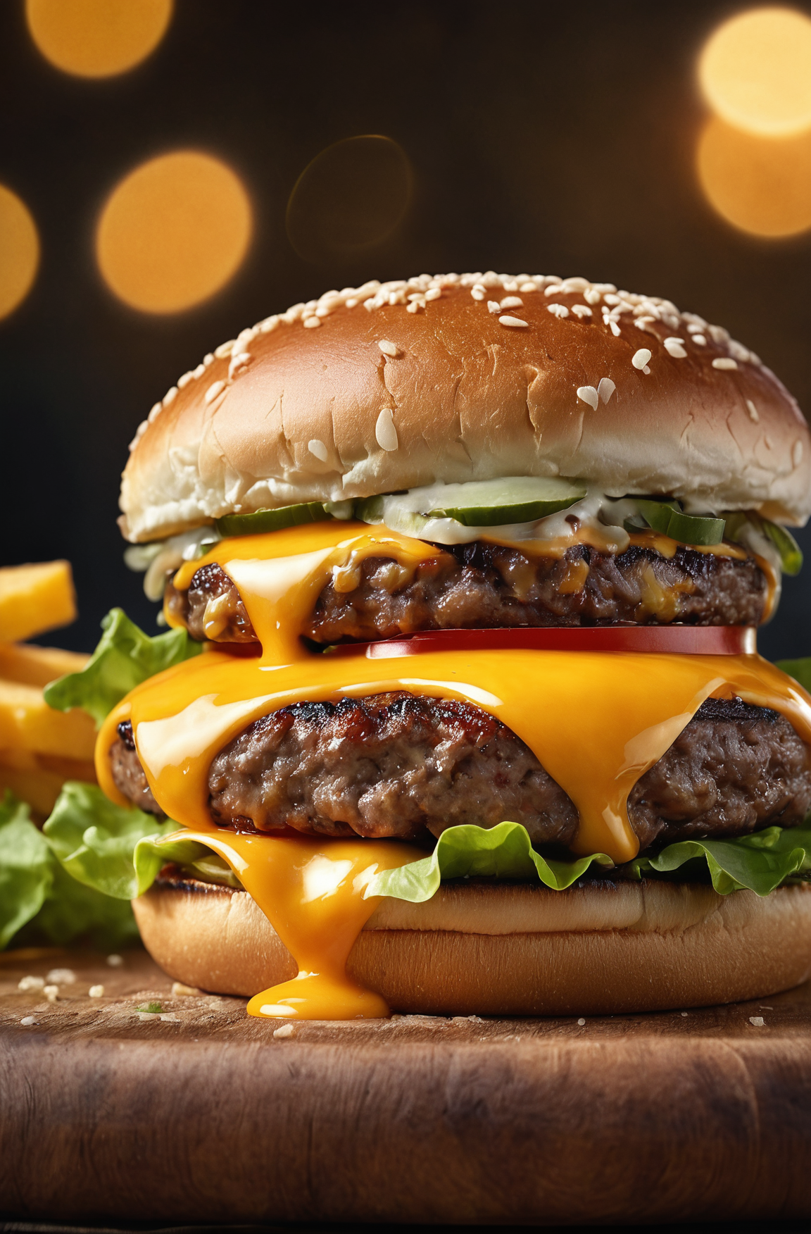 Photo of a burger with cheese from food photograph, food photography, photorealistic, ultra realistic, maximum detail, for...